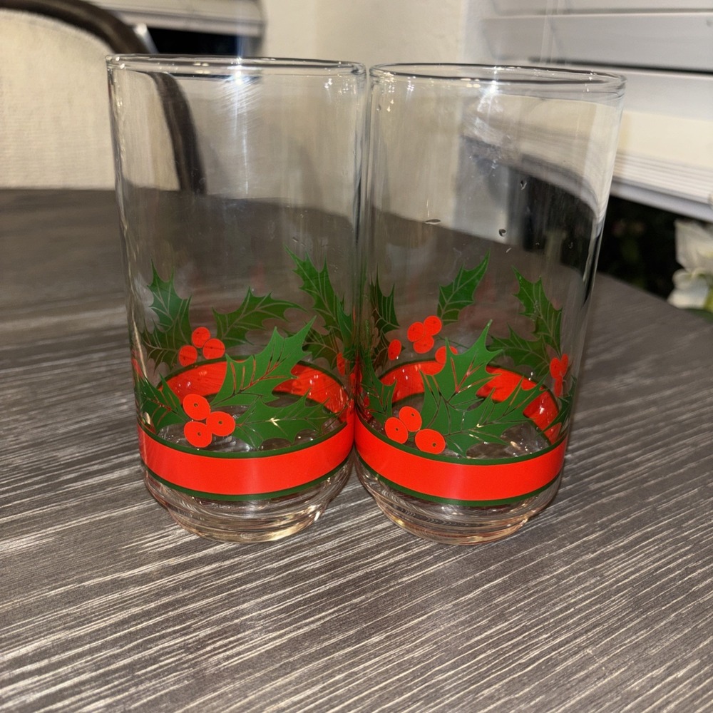 VTG Libbey Poinsettia Christmas‎ Holly Berry Tumbler Drinking Glasses Set 2